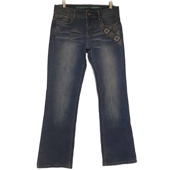 Classic Western Jeans Trending Boot Cut Mid Rise Dark Blue Embroidered Whiskers - Picture 1 of 10